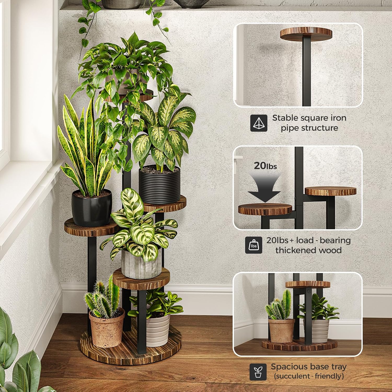 Detalle de Bamworld 4-Tier Corner Plant Stand with Wood Trays and Metal Brackets