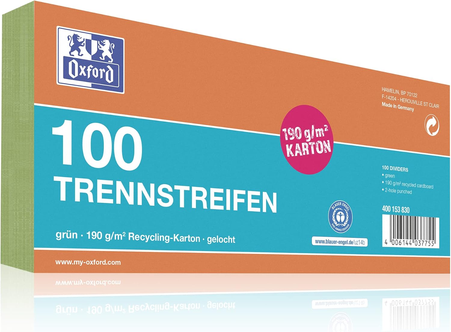 Thumbnail 6 de Oxford Trennstreifen aus Karton, gelocht, grün, 100 Stück (10,5 x 24 cm, 190 g/m²)