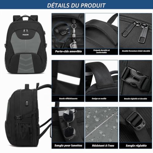Detalle de Sac à Dos Homme Grand 55L PUSLOM 18,4'' – Antivol, USB et Imperméable, idéal voyage et travail