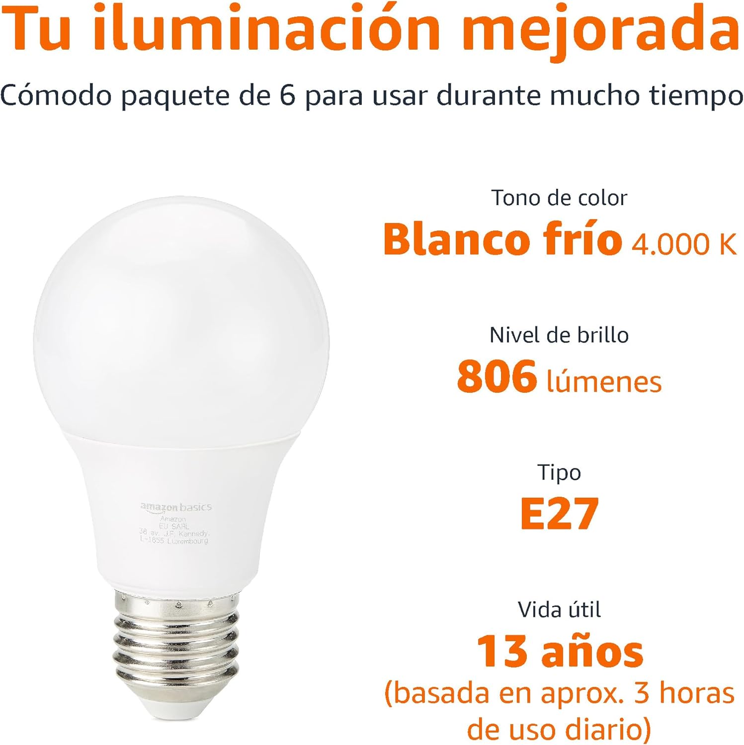 Thumbnail 1 de Amazon Basics Bombillas LED E27, 8W, 6 unidades