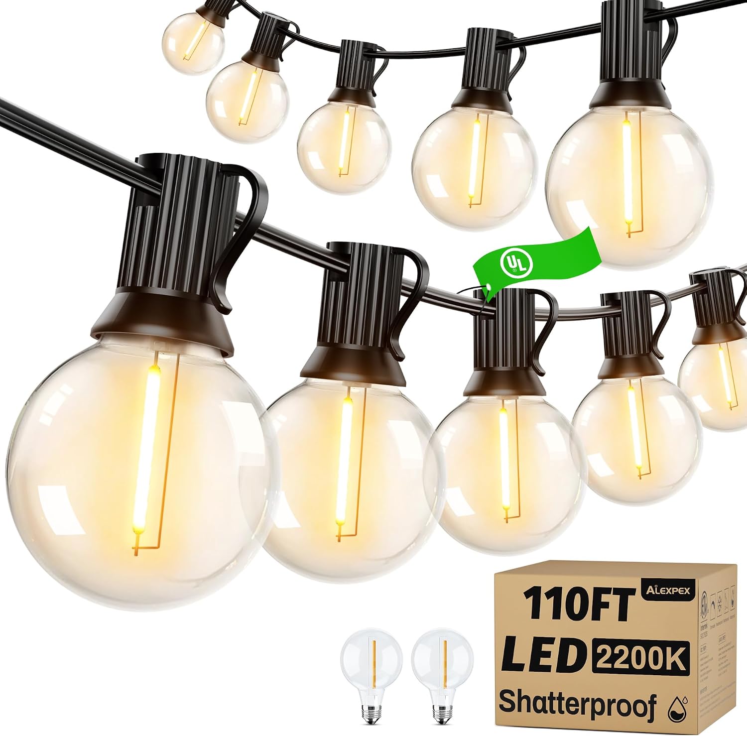 Detalle de ALEXPEX AL-AC-G40-100FT-50 Outdoor String Lights, 2200K Dimmable G40 LEDs