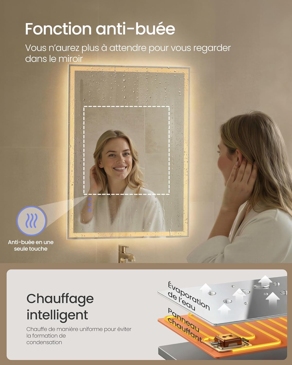 Detalle 2 de SONGMICS Miroir de Salle de Bain avec Éclairage LWM212WC02 – Antibuée, LED réglables et cadre blanc