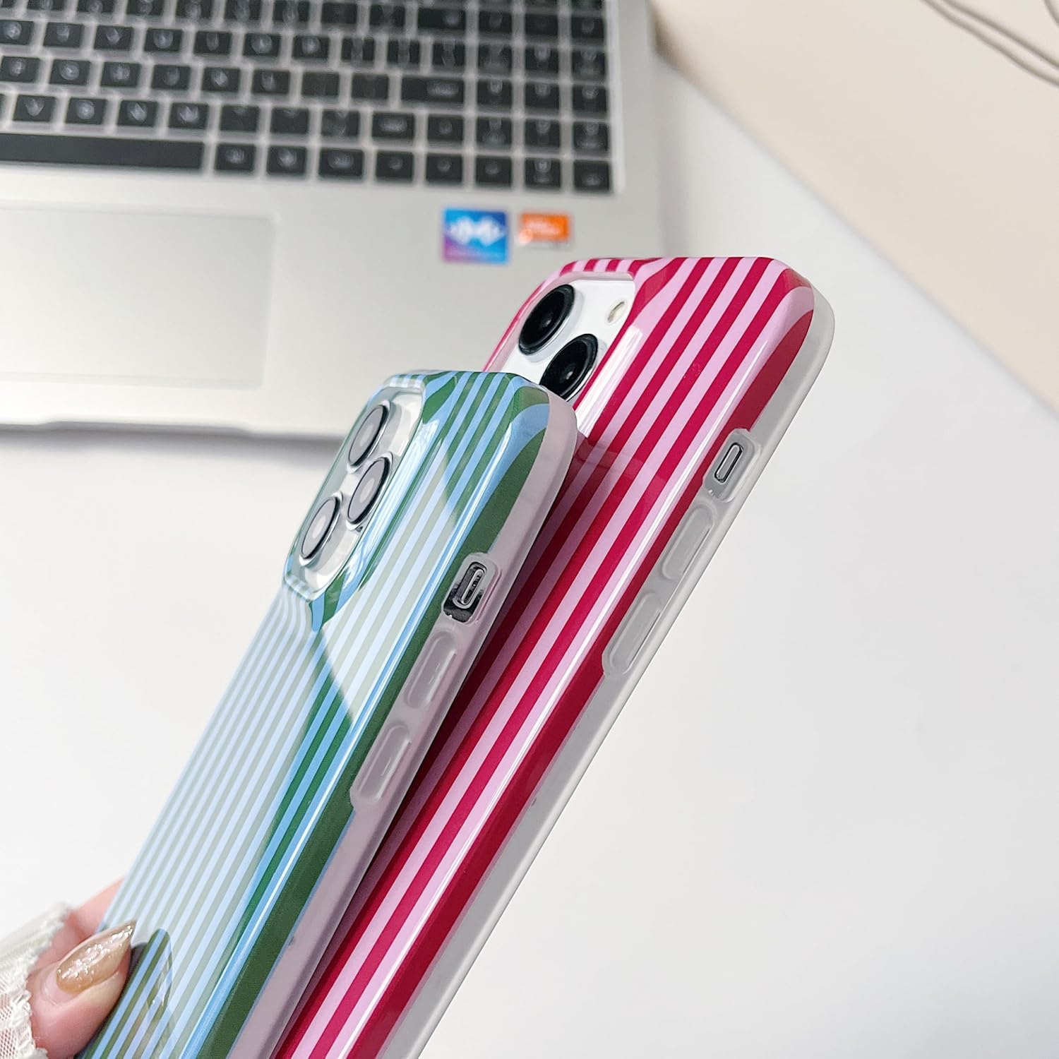 Thumbnail 2 de Finyosee iPhone 15 Pro Max Case, Green Striped TPU with Raised Edges