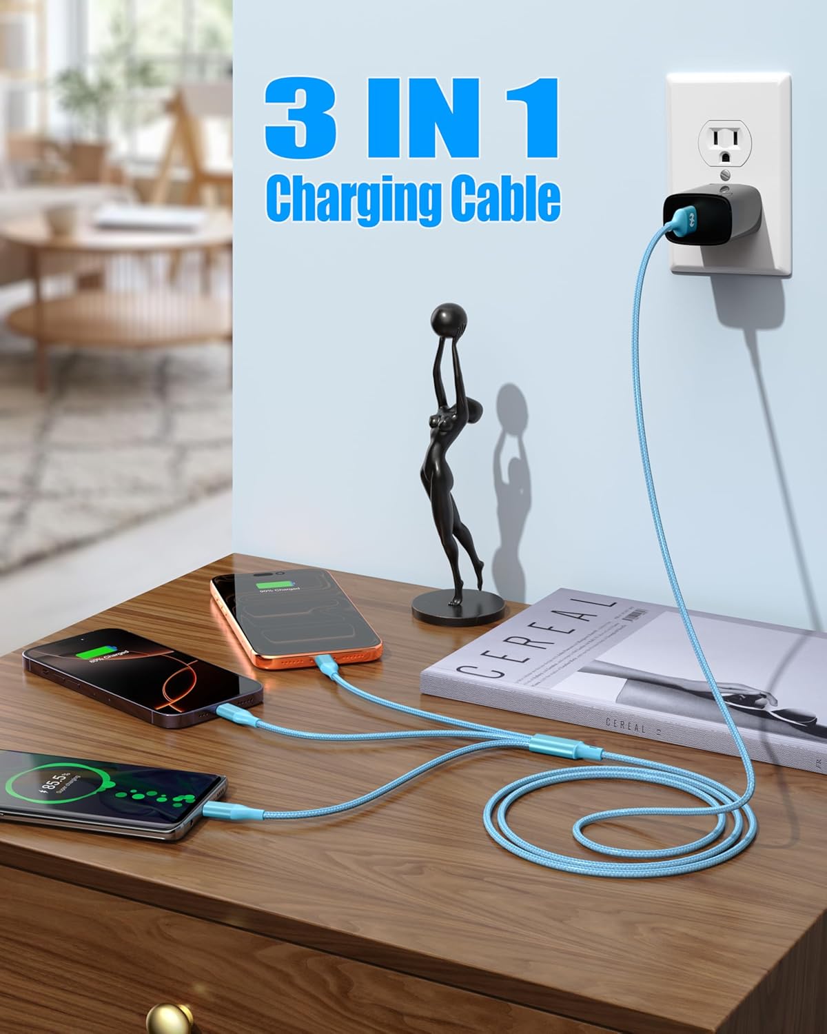 Thumbnail 2 de ShSiXin 3 in 1 Multi Charging Cable (2-Pack, 4ft, Blue) for USB-C, Micro, and Lightning