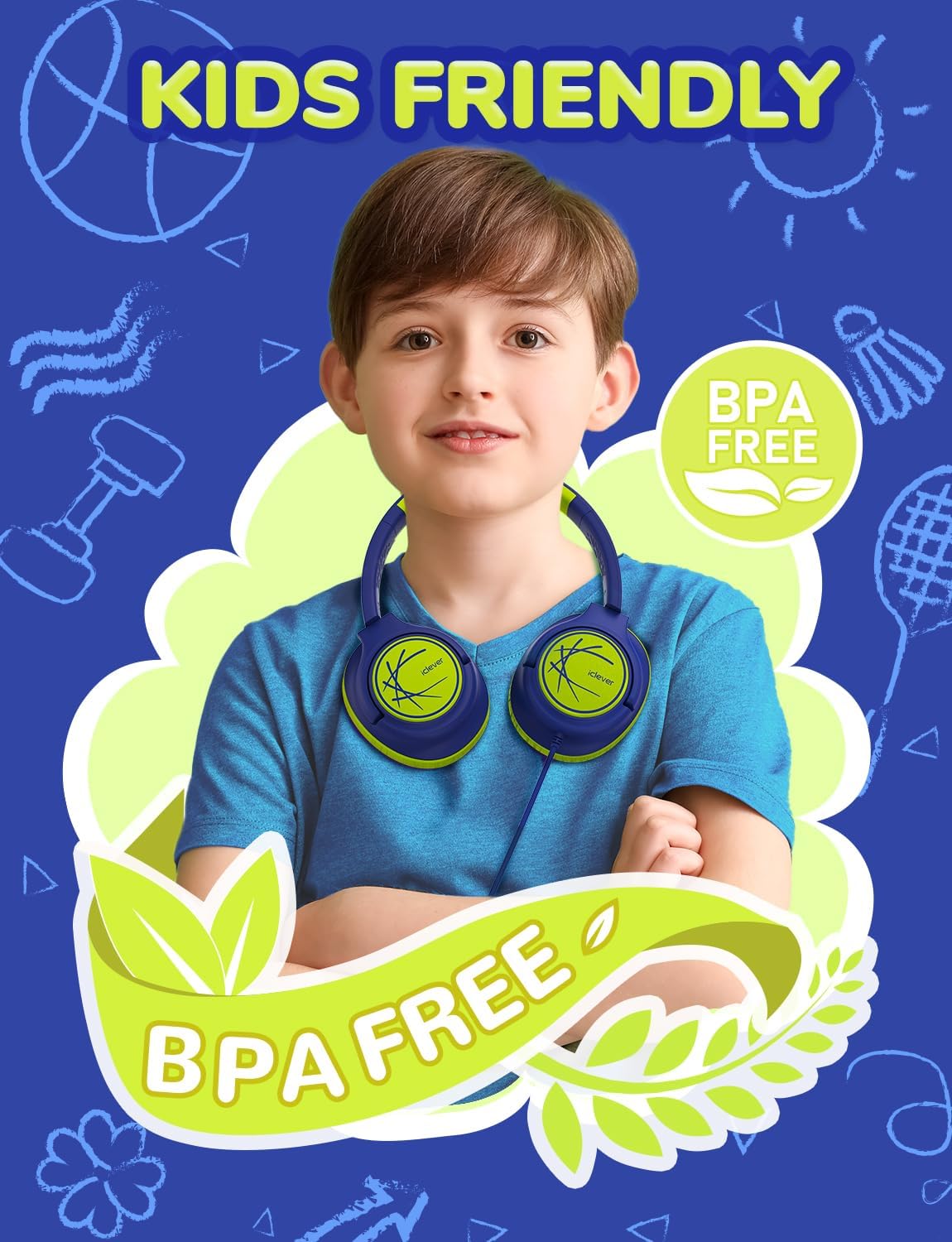 Thumbnail 6 de iClever Kinderkopfhörer mit Kabel (85 dBA) – faltbar, Stereo-Sound, 3,5-mm für iPad & Tablets, Blau-Grün