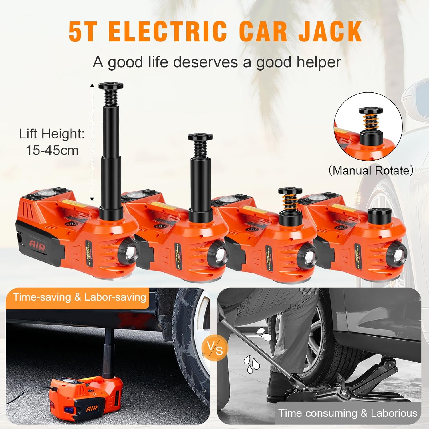 Detalle de Auto Cric idraulico 5T 12V: kit 4 in 1 con pompa e luci LED per emergenze
