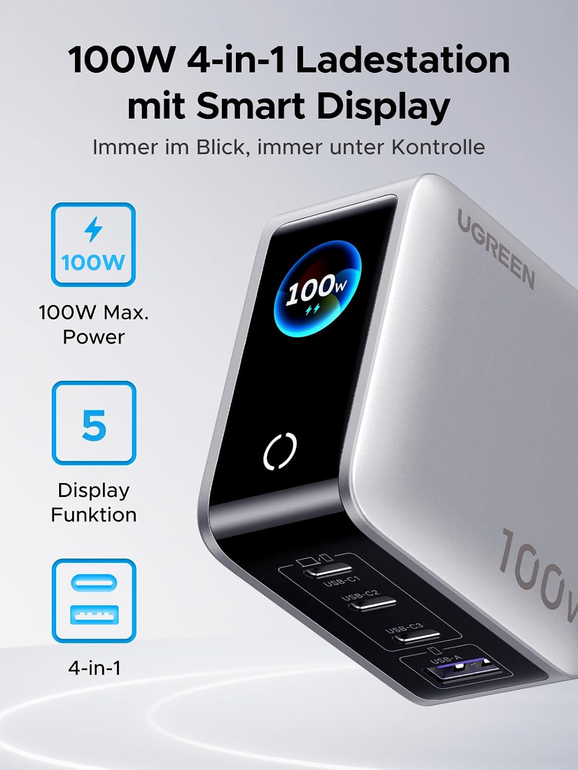 Detalle de UGREEN Nexode Pro 100W USB-C Ladegerät – 4-in-1 GaN Netzteil mit Smart Display