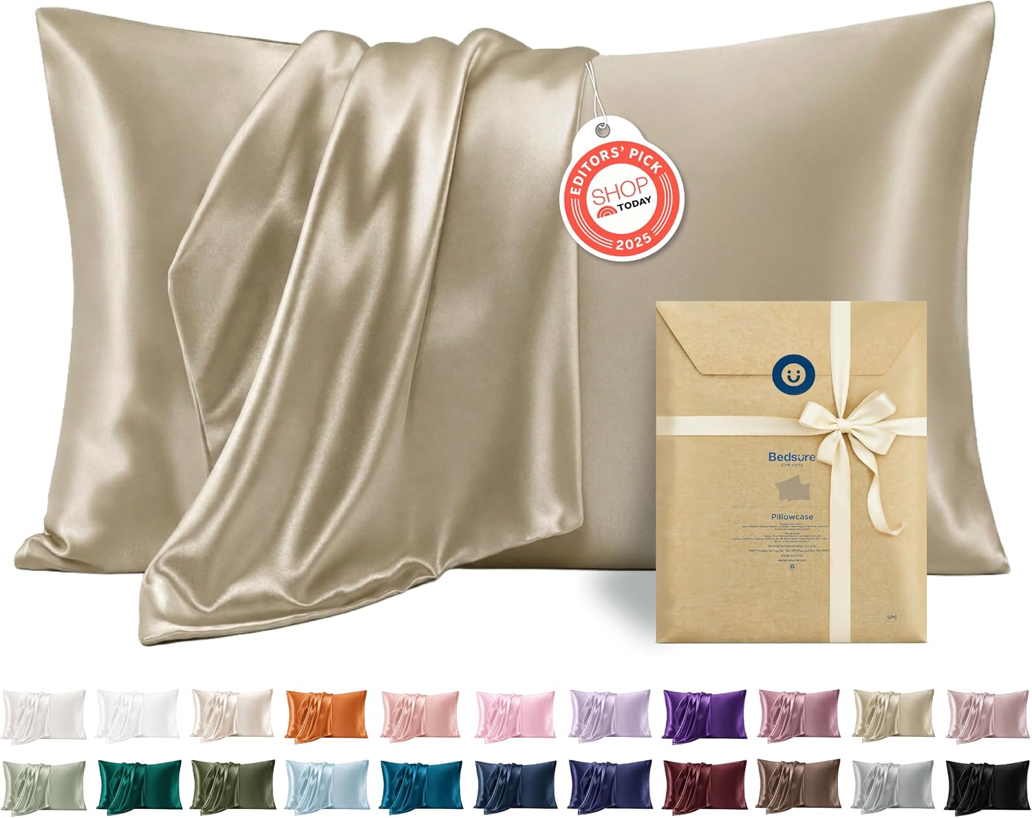 Detalle de Bedsure BA701A4AE3ST Satin Pillowcases, Queen 2-Pack, Taupe with Envelope Closure