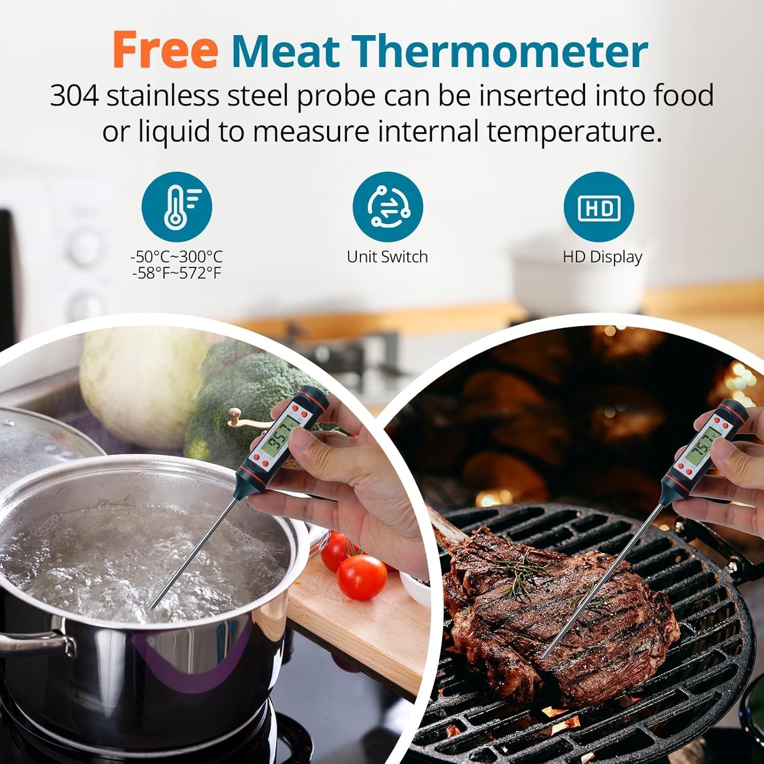 Detalle 2 de Tilswall Infrared Thermometer Gun with Adjustable Emissivity (−50°C to 600°C) – for BBQ, Pizza Ovens and Vehicle Repair