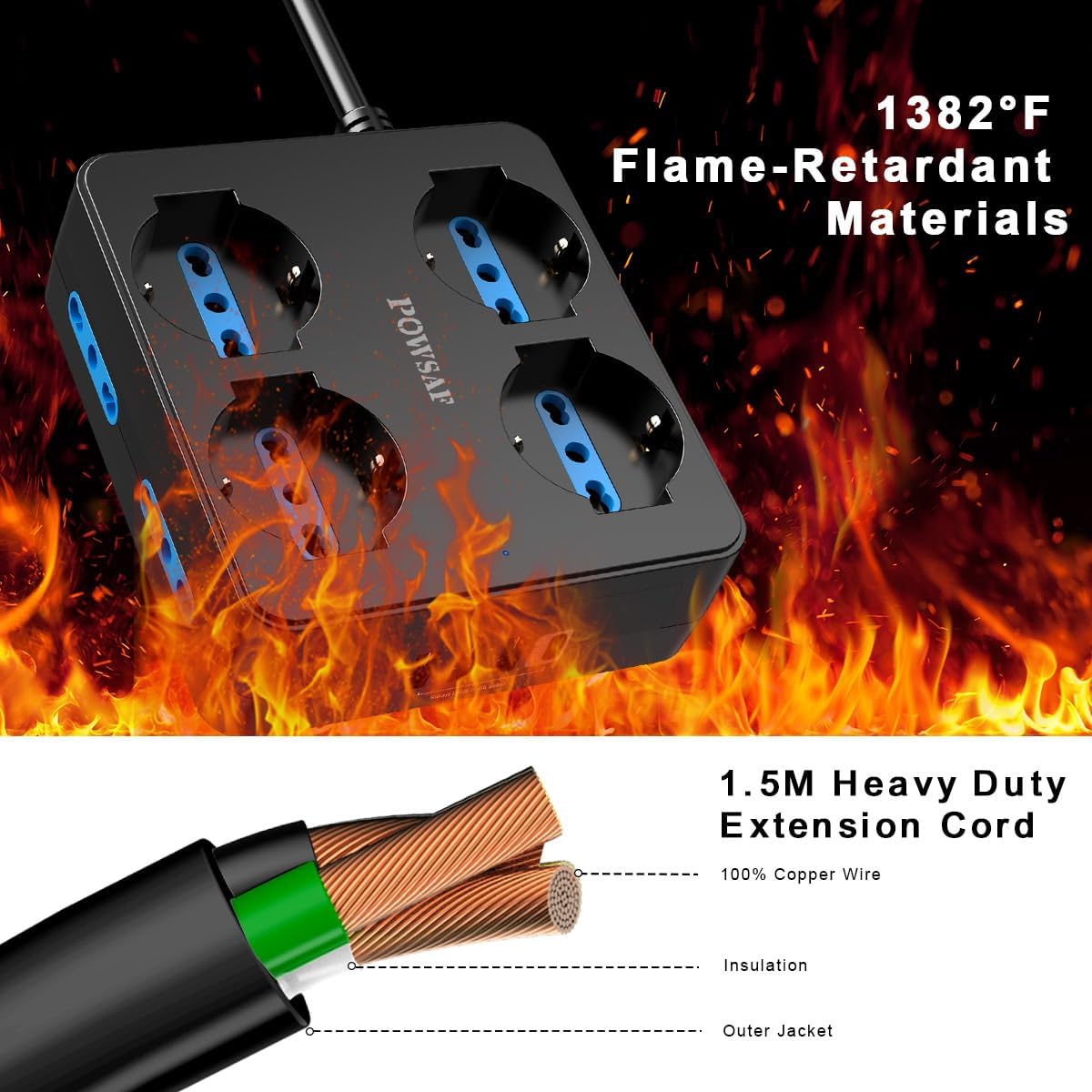 Detalle de POWSAF Presa Multipla 8 Prese 4 USB