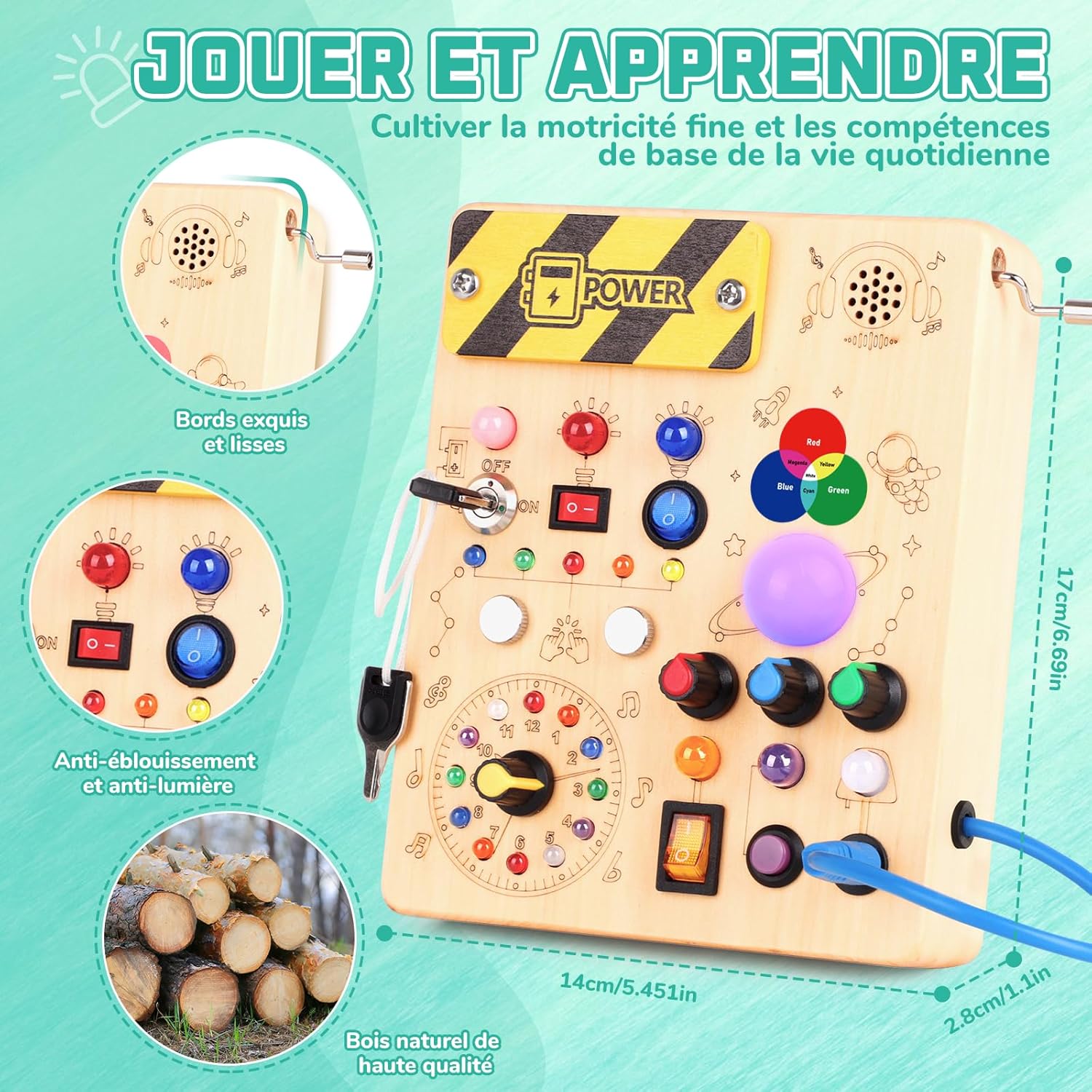 Thumbnail 3 de Busy Board Montessori en bois 1 an avec 12 interrupteurs et 24 lumières LED