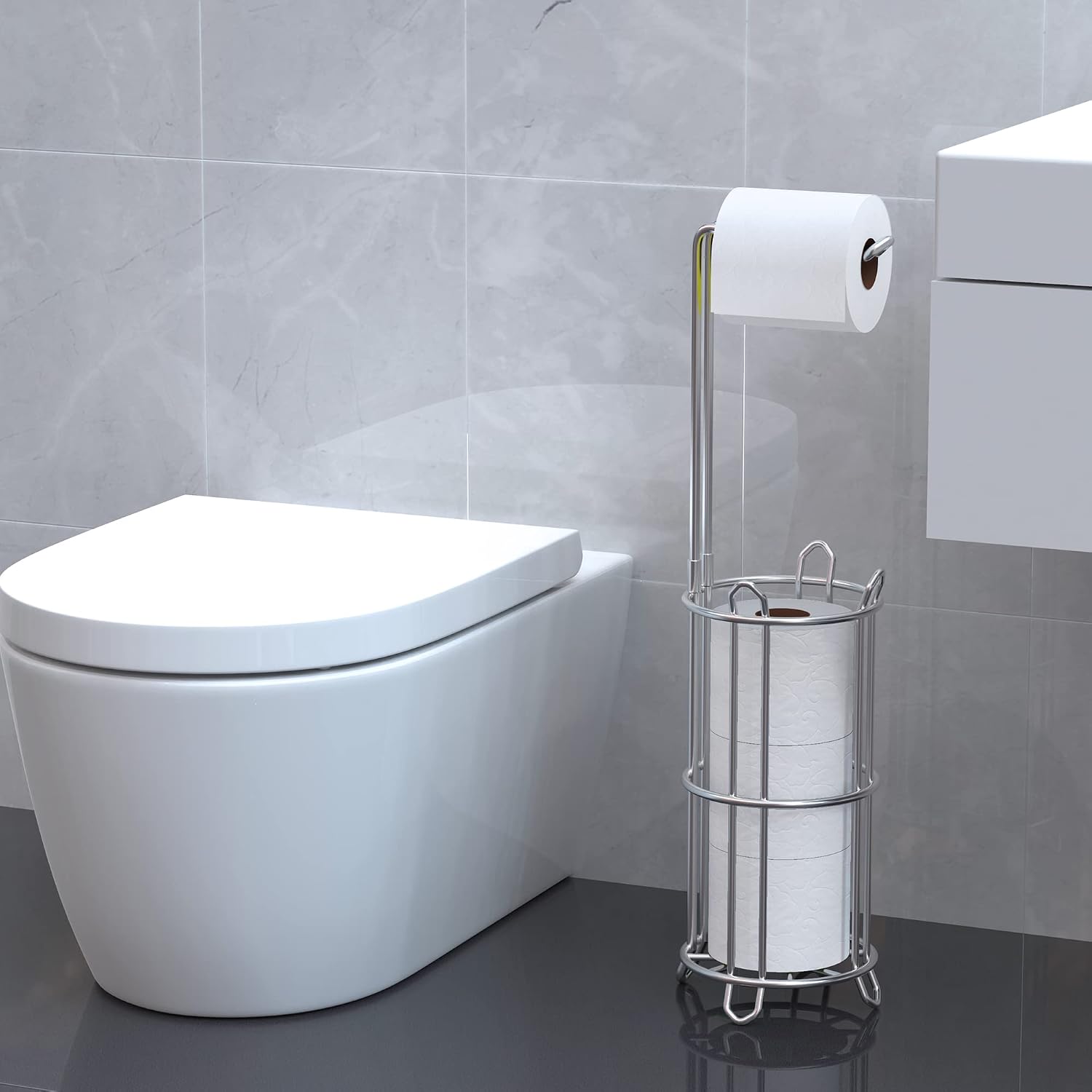 Detalle 2 de Meangood MM0007 Freestanding Toilet Paper Holder, Silver, 4-Roll Storage