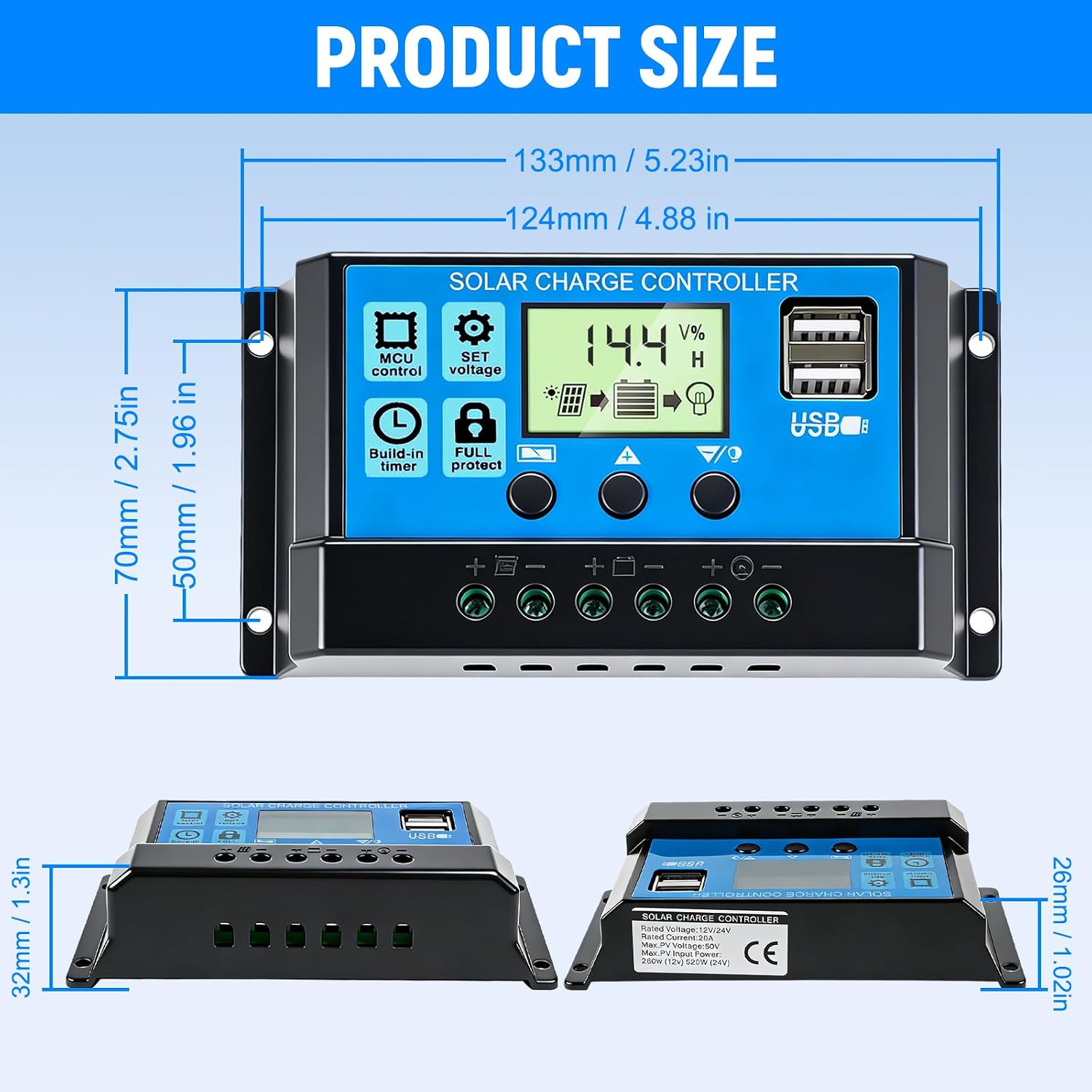 Detalle de AeternaSol 20A PWM Solar Charge Controller with Dual USB and LCD