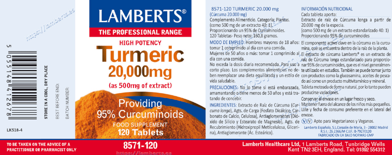 Detalle 2 de Lamberts Cúrcuma 20.000 mg 120 tabletas 💊