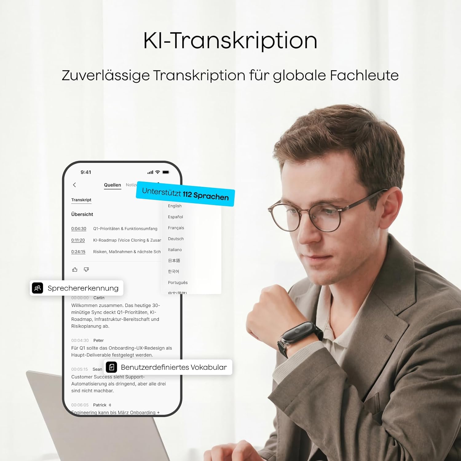 Detalle de Plaud NotePin S Diktiergerät mit taktiler Aufnahmetaste – KI-Transkription, Multimodale Eingabe und Vier Tragesteckformen