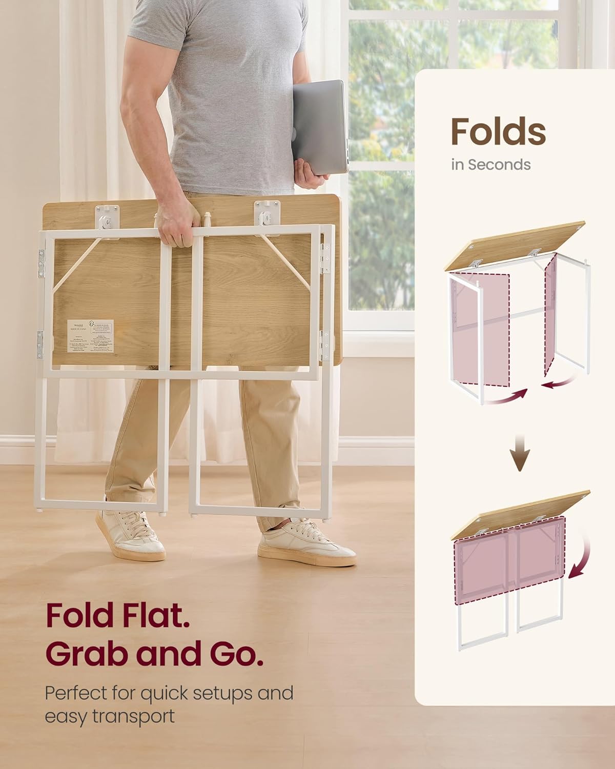 Thumbnail 4 de VASAGLE LWD151YD01 folding desk – foldable computer desk with one-piece desktop, rounded edges (80 x 40 cm)