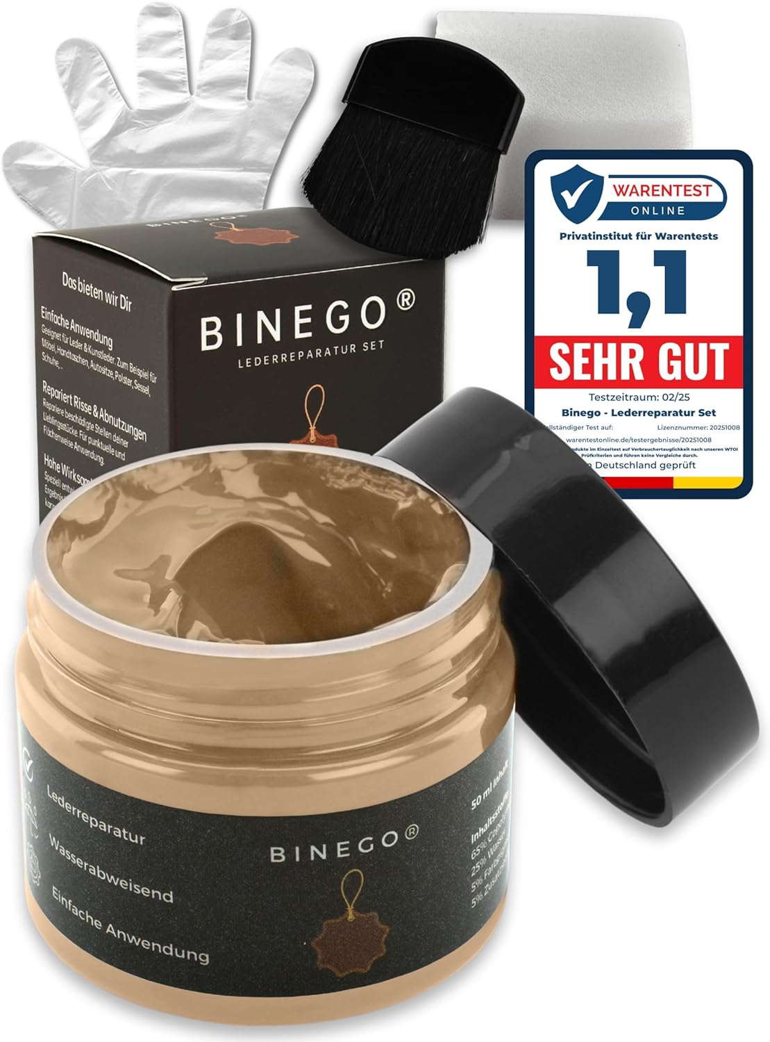 Binego Lederreparaturset Leder & Kunstleder (Flüssigleder) in Beige – Reparaturset für Kratzer, Verfärbungen und leichte Schäden
