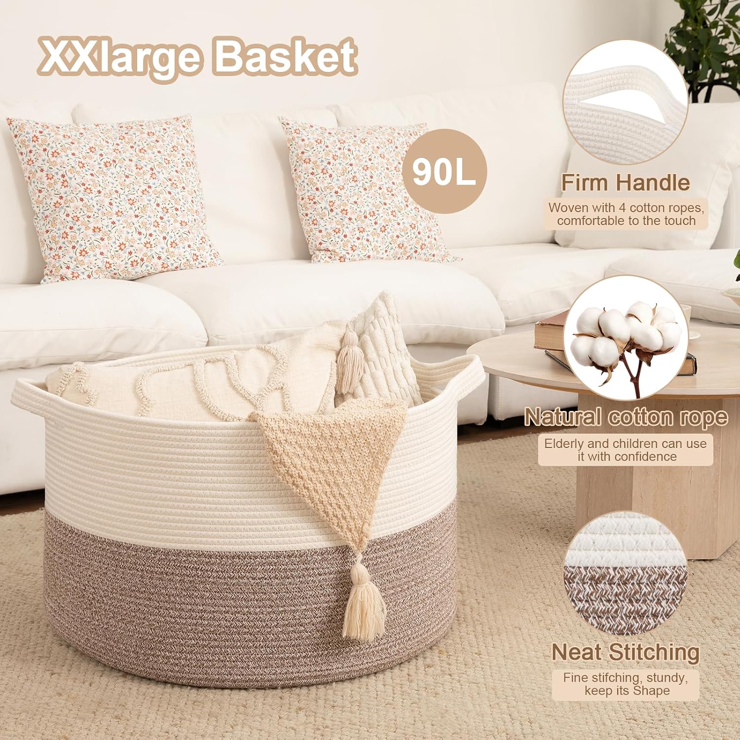 Detalle 2 de OIAHOMY XXXLarge 90L Cotton Rope Storage Basket, White and Linen Brown