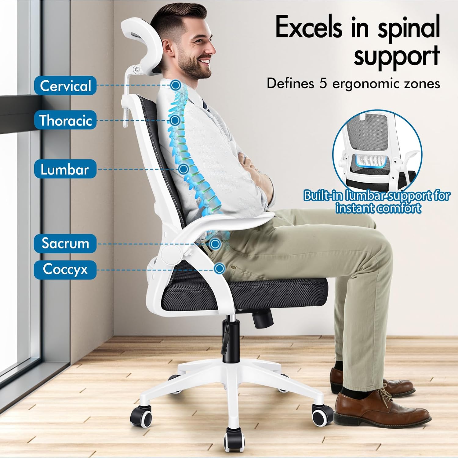 Thumbnail 2 de ELFORDSON Ergonomic Office Chair: Mesh with Headrest, Lumbar Support & Flip-Up Armrests