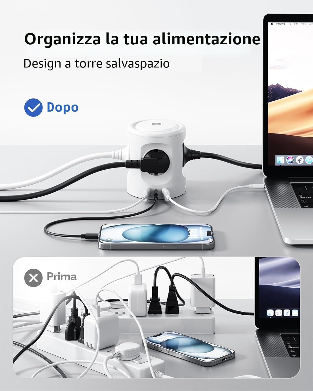 Detalle de 3M Ciabatta multipresa con luce, 4 prese e 3 USB (USB-C + USB-A) con interruttore, 16A, cavo 3 metri