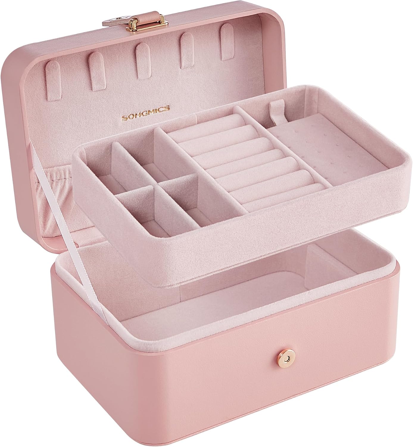 Detalle de SONGMICS GISELLA JBC166R01 Jewellery Box, 2-Tier Travel Case, Jelly Pink