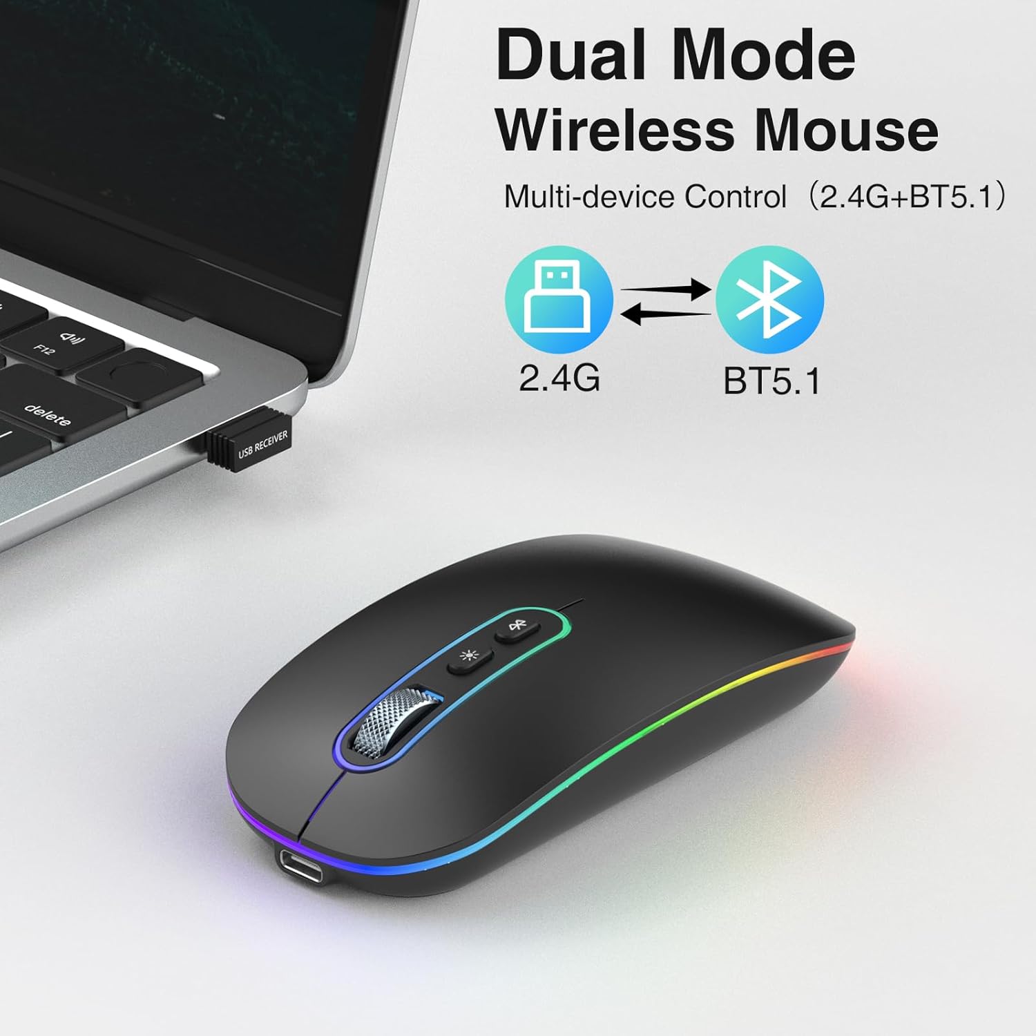 Detalle 2 de cimetech Dual-Mode Bluetooth-Maus (Bluetooth 5.1 + 2,4 GHz) – kabellos, wiederaufladbar mit DPI und LED