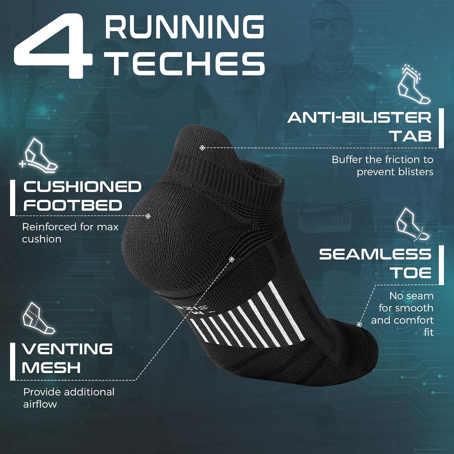 Detalle de Rahnint Pro Coolmax Anti-Blister Cushioned Running Socks with 15–20 mmHg Ankle Compression (3 Pairs)