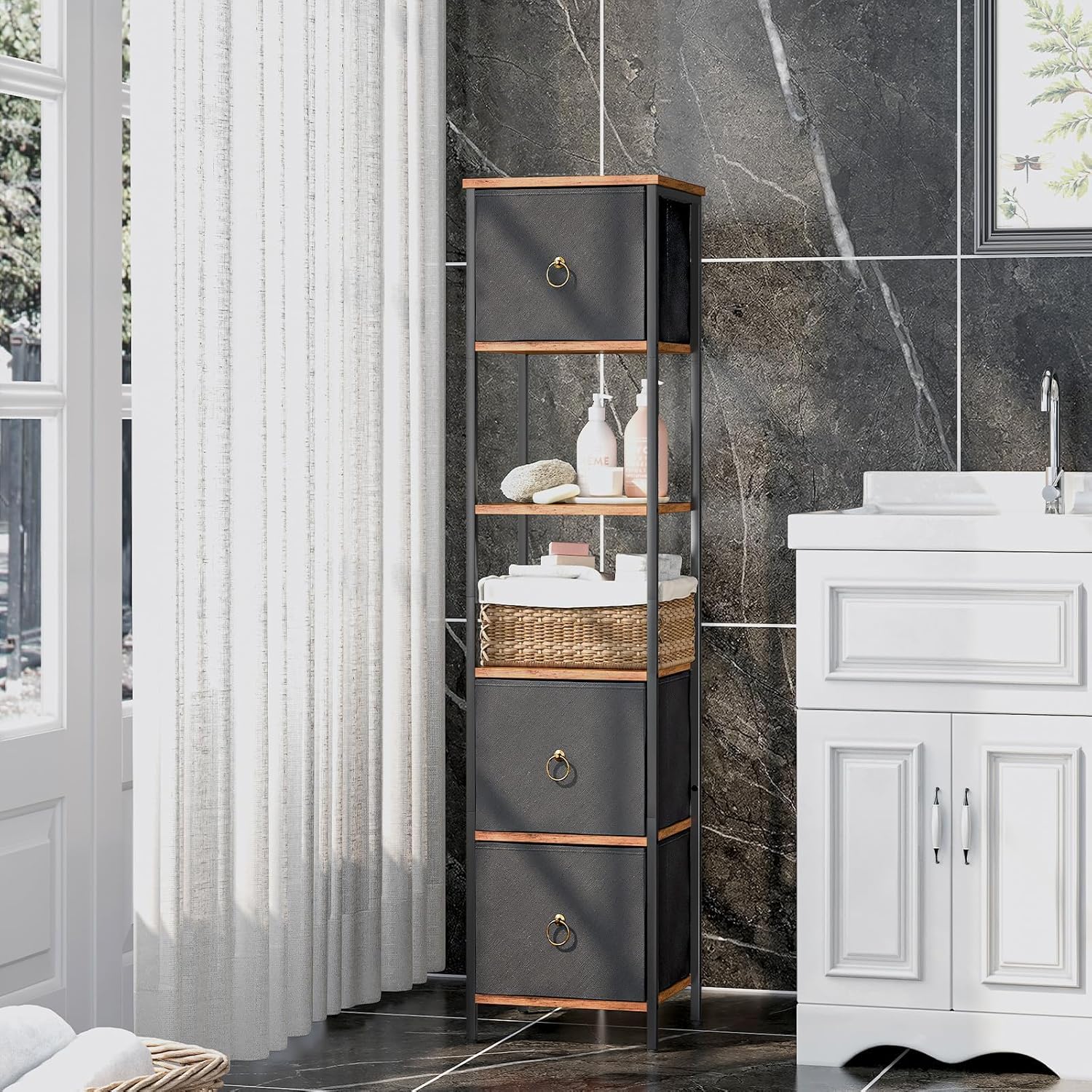 Detalle 2 de HOOBRO Meuble de Salle de Bain – Placard d’Angle 30 x 30 x 141 cm, 3 tiroirs en tissu, style industriel, marron rustique et noir (EBF140CW01)