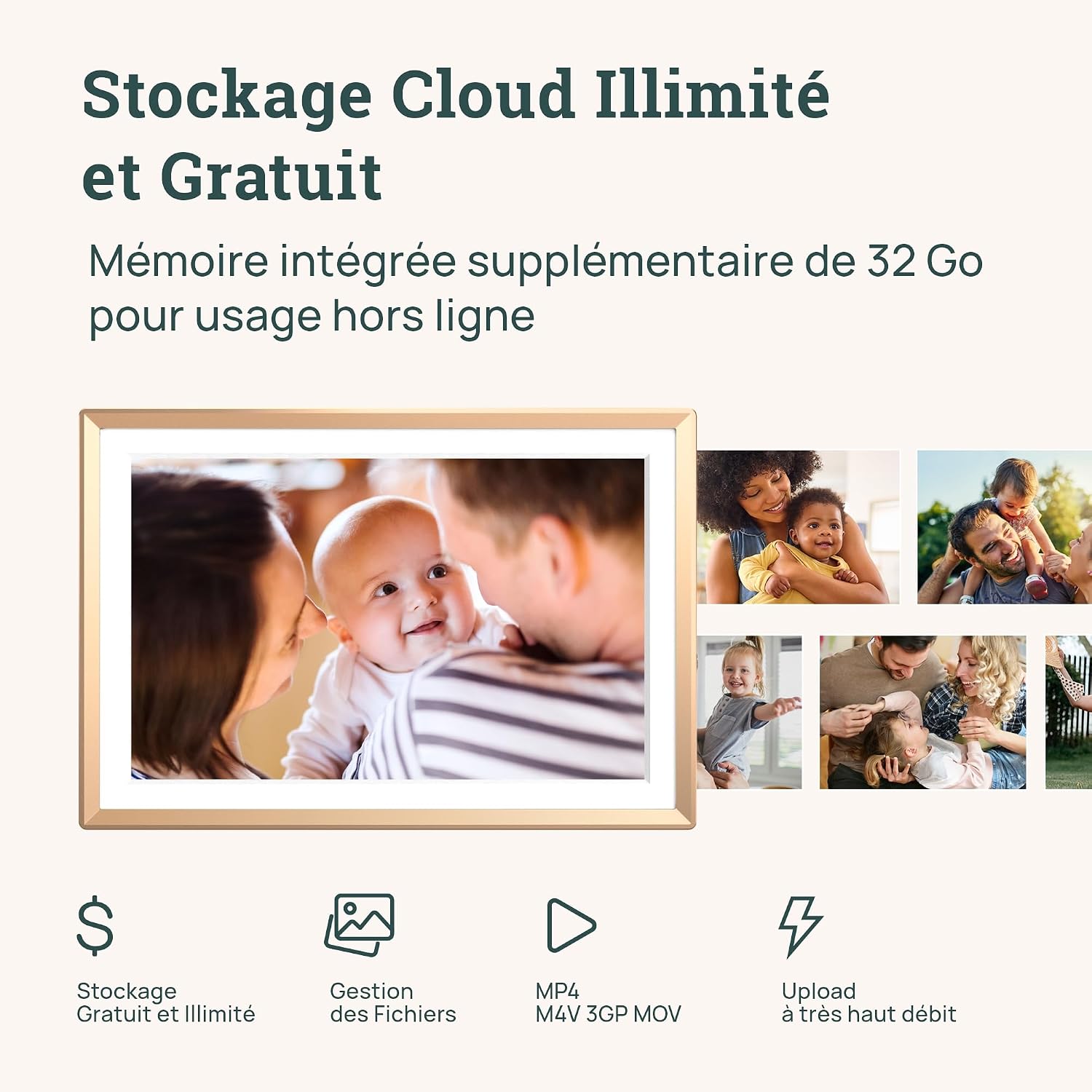 Detalle de ARZOPA Cadre photo numérique connecté D10 Gold 10,1" Wi-Fi, stockage cloud gratuit et illimité