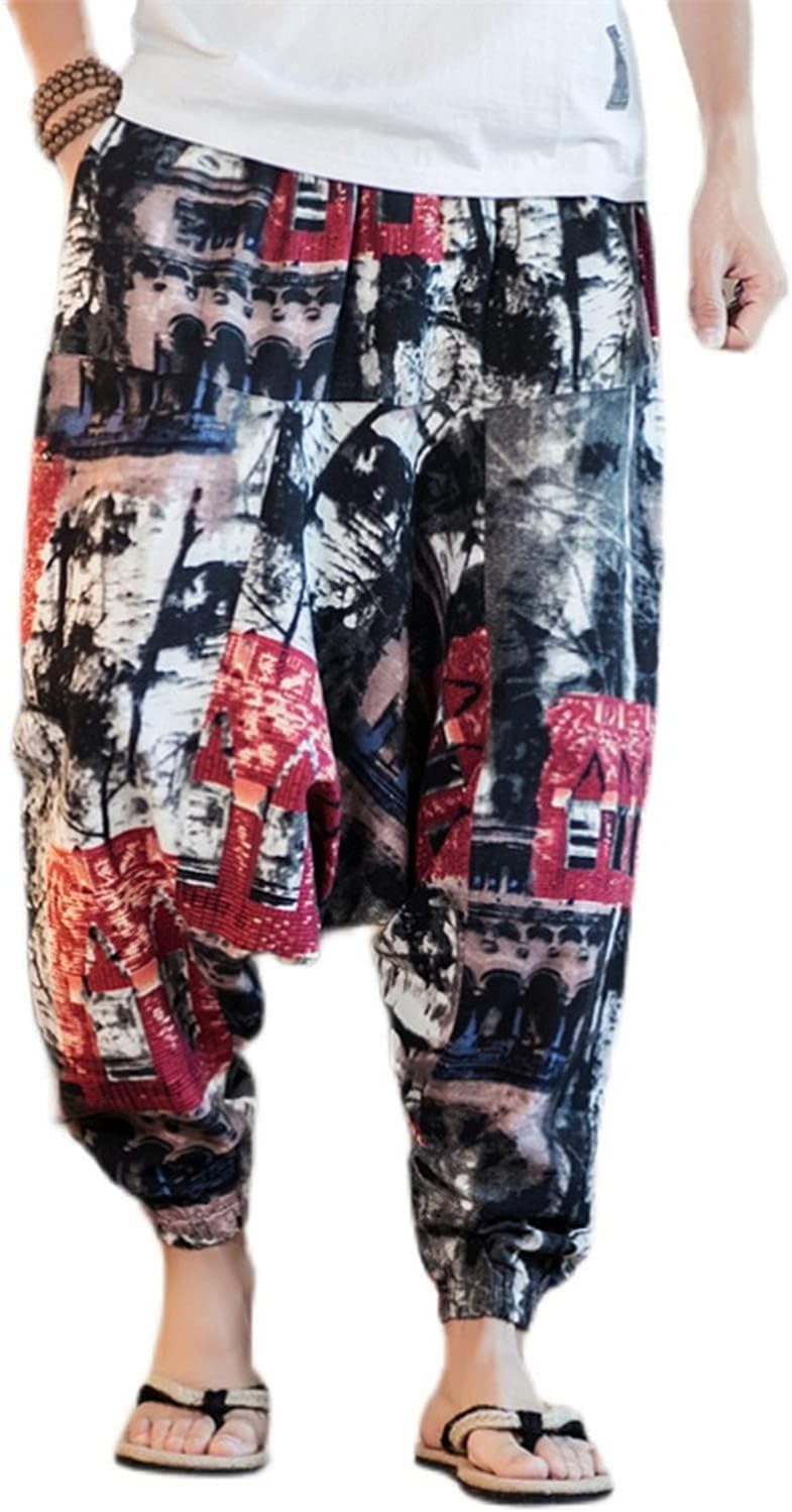 Detalle de perdontoo Mens Casual Harem Pants with Fancy Print – Elastic Waist Wide-Leg Trousers