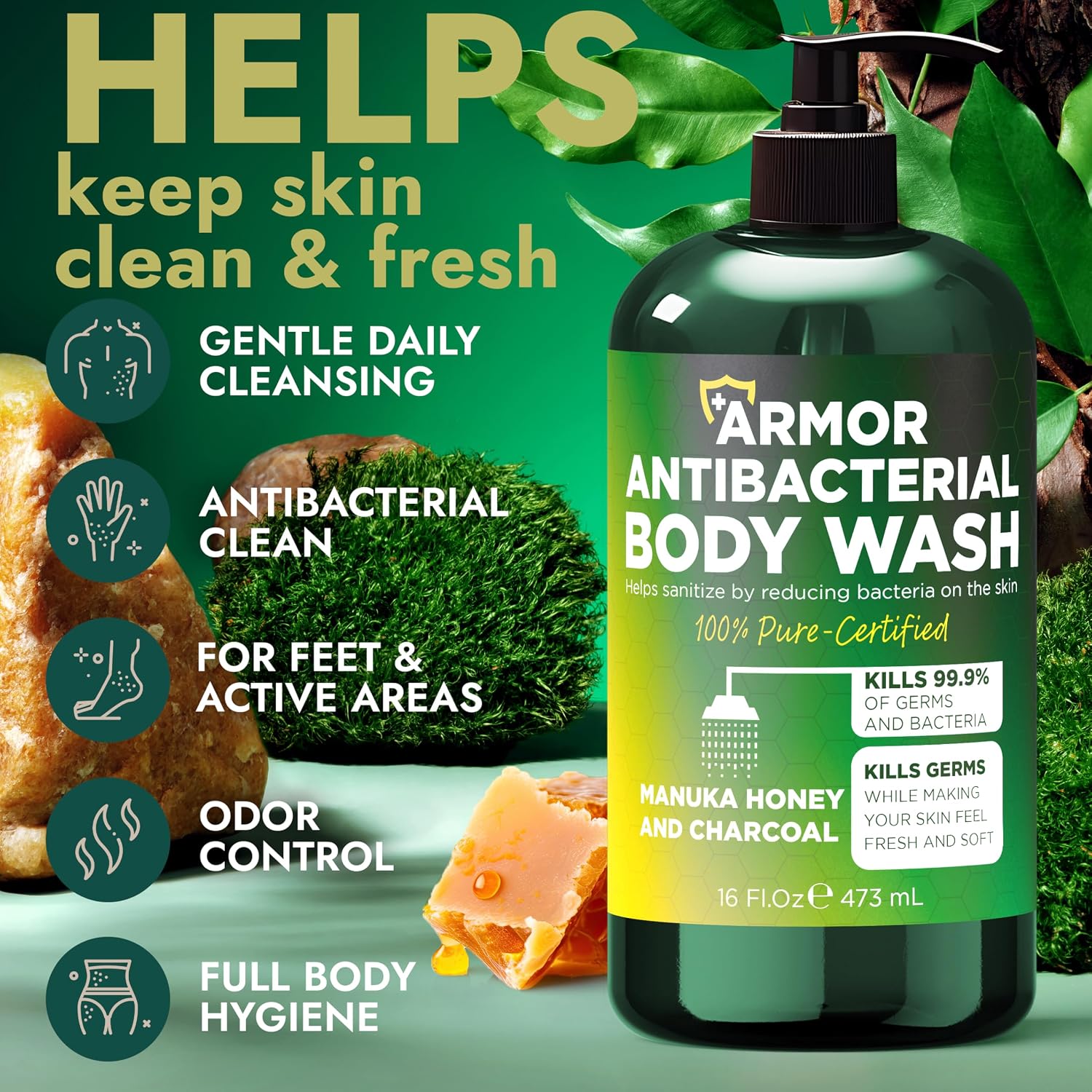 Detalle 2 de Antibacterial Body Wash with Manuka Honey & Charcoal (16 fl oz) — Kills 99.9% of Germs