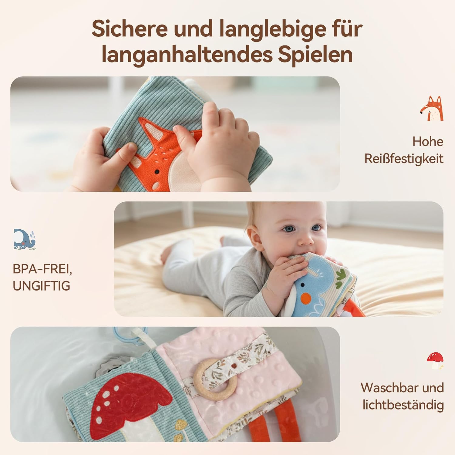 Thumbnail 4 de WOODEN TEETHER Baby Soft Books 0–6 Months sensory book
