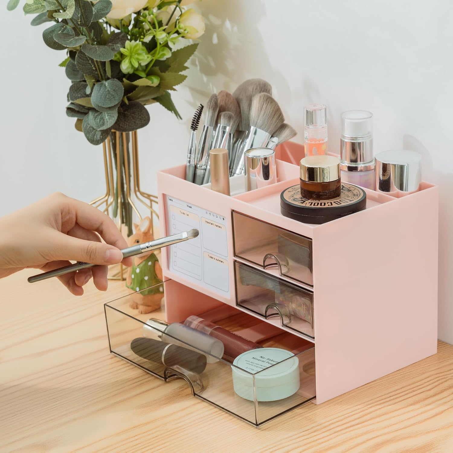 Detalle 2 de RISEMART Desk Organiser with 3 Drawers: Large Capacity 21 x 14.5 x 15.5 cm, Pink