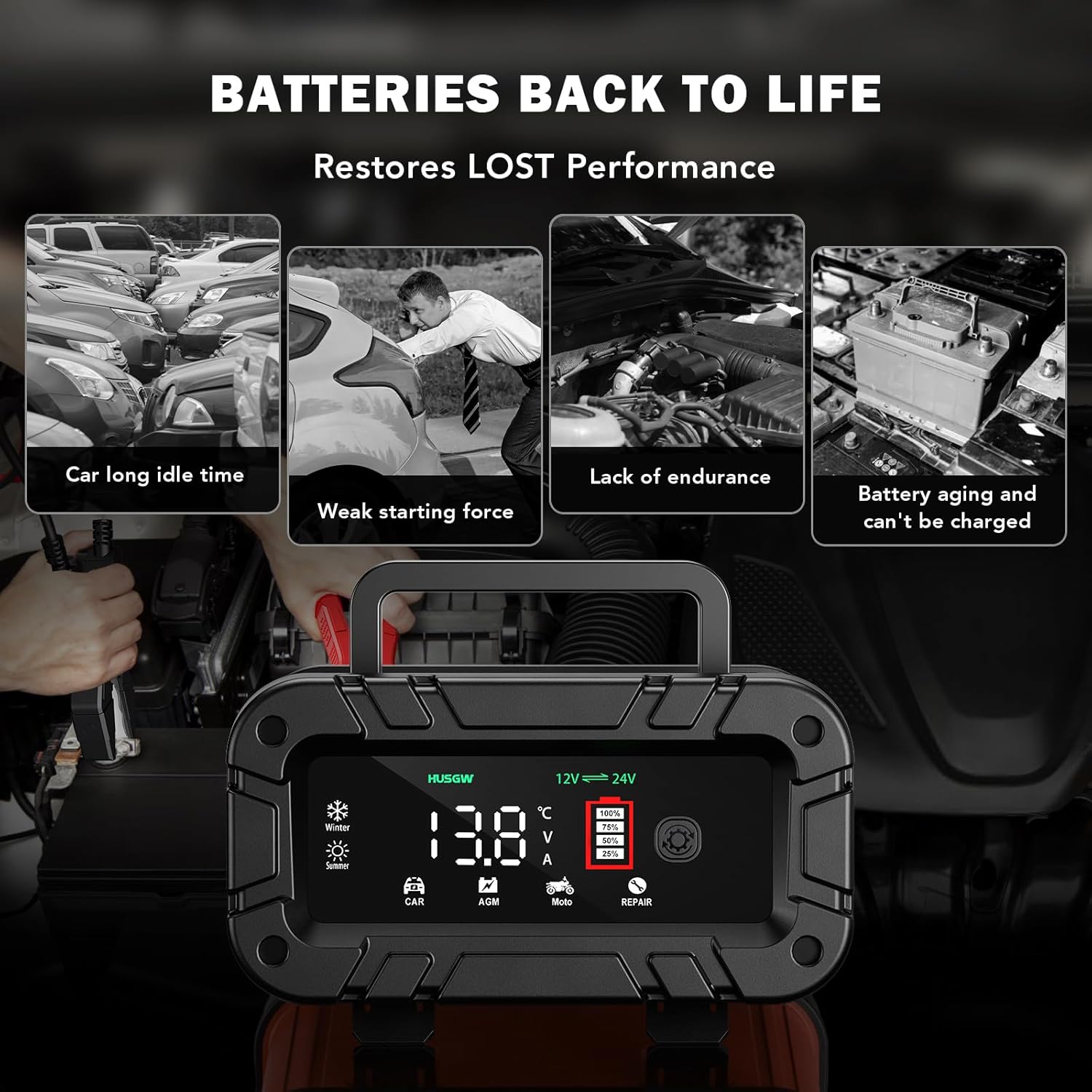 Detalle de Caricabatteria da Auto 12V20A / 24V10A con Schermo LED, Protezioni Multipla e Mantenitore Automatico