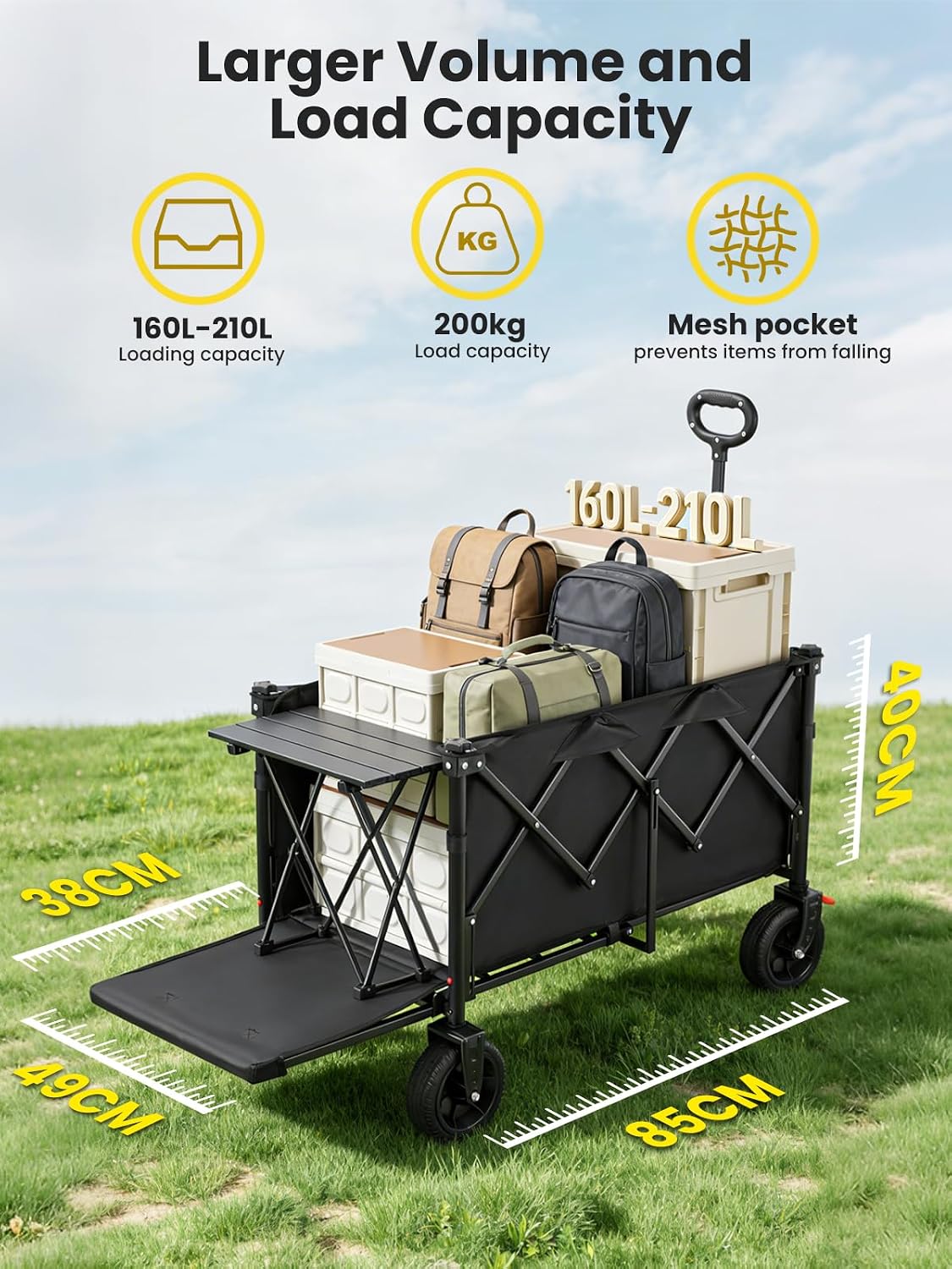 Detalle 2 de YEAUPE PRO Festival Trolley on Wheels 160L–210L Folding Wagon (Rear-opening, wide 7-inch wheels, adjustable handle)