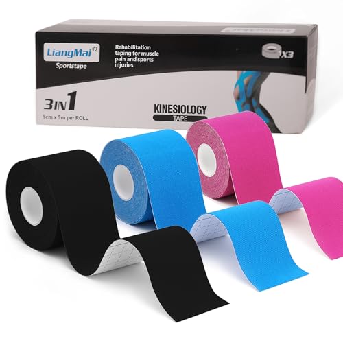 Detalle de LiangMai Kinesio Tape – Set da 3 rotoli 5 cm x 5 m (Nero, Blu, Rosa)