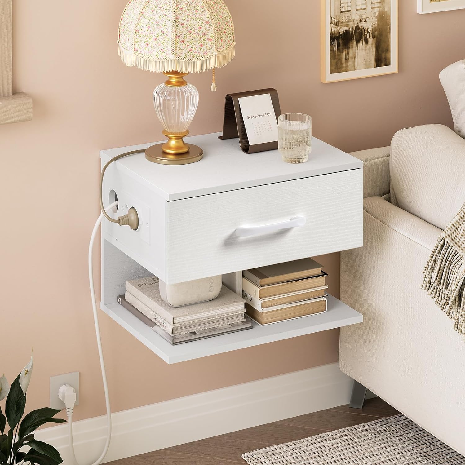 Detalle de HOOBRO Set di 2 Comodino Sospeso con Stazione di Ricarica e Cassetto - Bianco EWT127CBZP201
