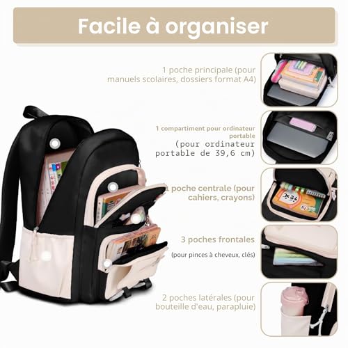 Detalle de Tanou Cartable Fille Primaire 20L avec Pendentif et badges – Organisation et Confort