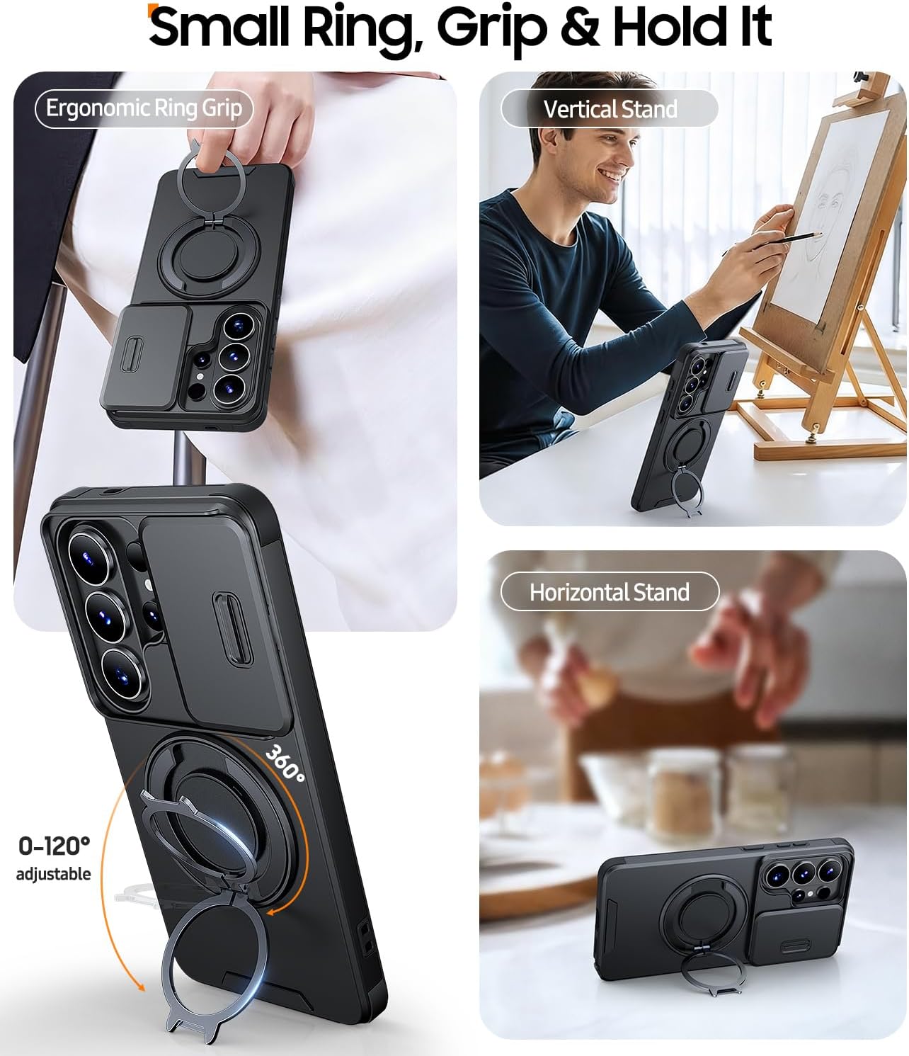 Thumbnail 2 de JAME for Samsung Galaxy S26 Ultra Case with 360° Ring Stand, Slide Camera Cover & Tempered Glass Protector (Black)