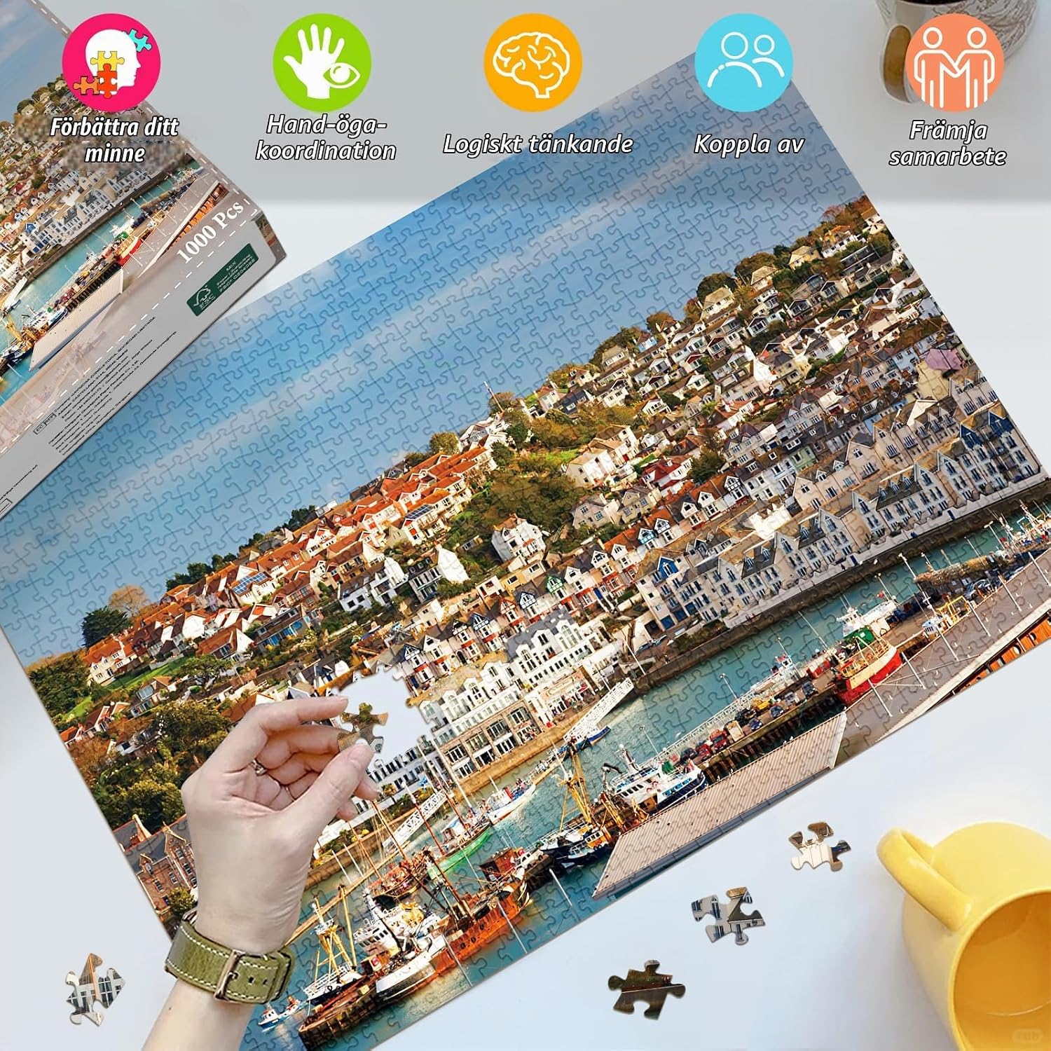 Detalle de HUADADA Brixham Hamn-pussel, 1 000 bitar, 70 × 50 cm med matt yta
