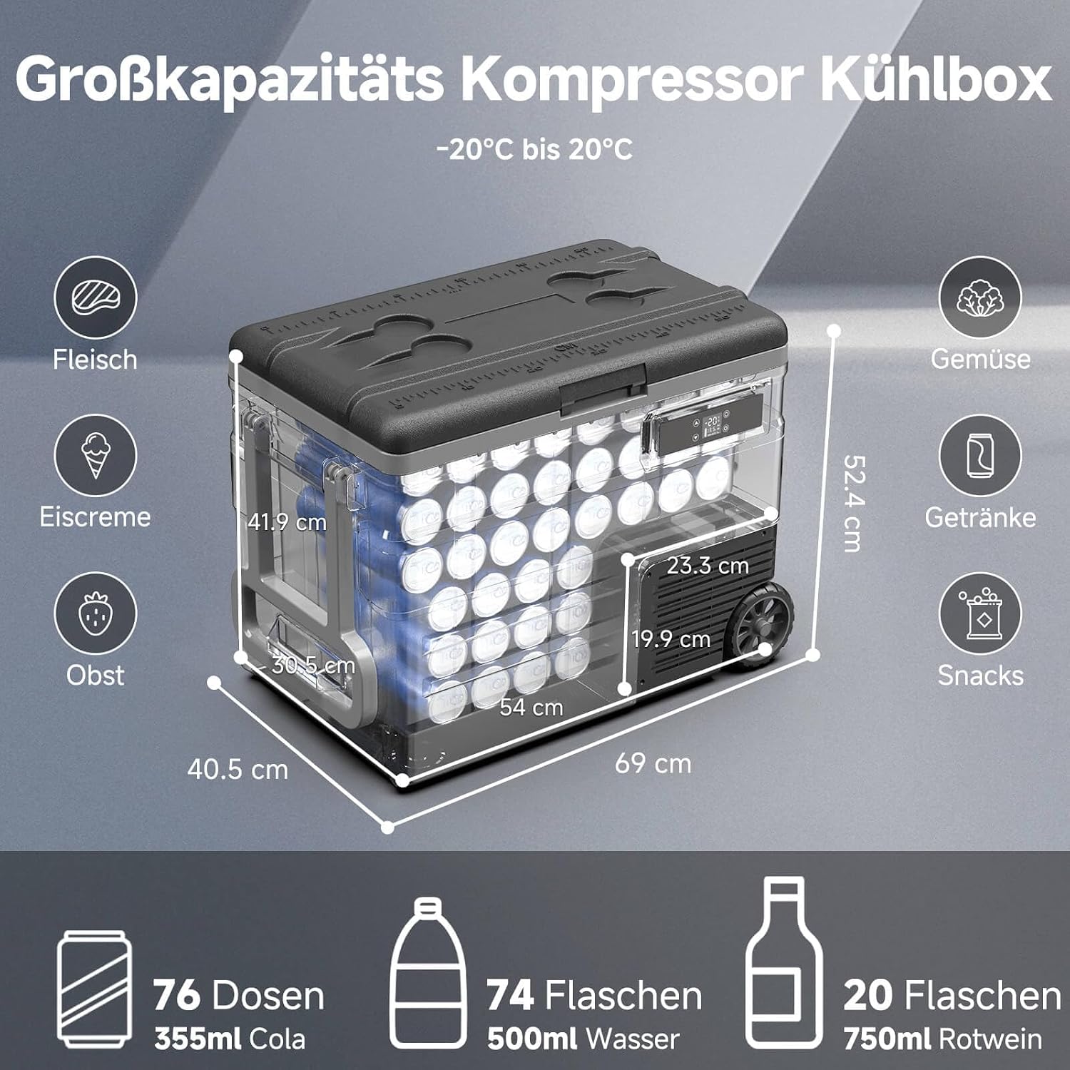 Detalle de AAOBOSI 74L Kompressor-Kühlbox mit APP und LED – bis -20 °C bis 20 °C, 12/24V und 100–240V