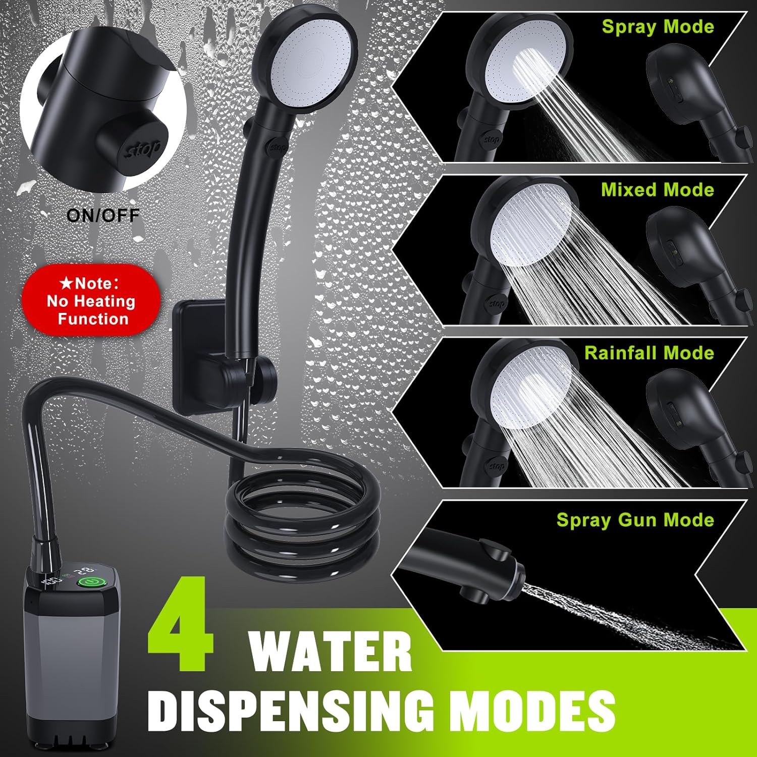Detalle de Spopal Portable Shower for Camping (6000mAh) Rechargeable Pump with LED Display and 4 Spray Modes