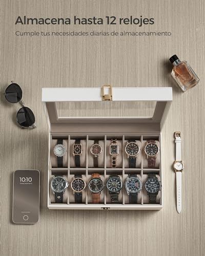 Detalle de SONGMICS JWB120W01: Caja de Relojes con 12 Compartimentos y Tapa de Cristal en Cuero Sintético Blanco Nube