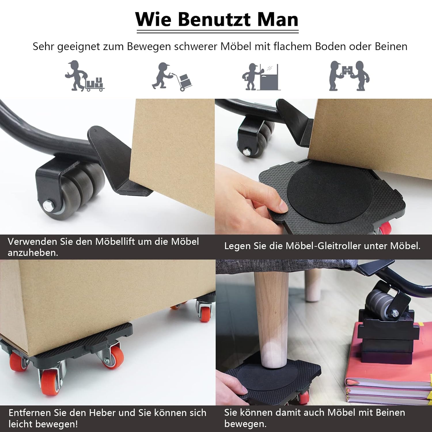 Detalle de ONEON Möbel-Transportrollen-Set mit 360° drehbaren Rädern und ausziehbarem Möbelheber (bis 300 kg)