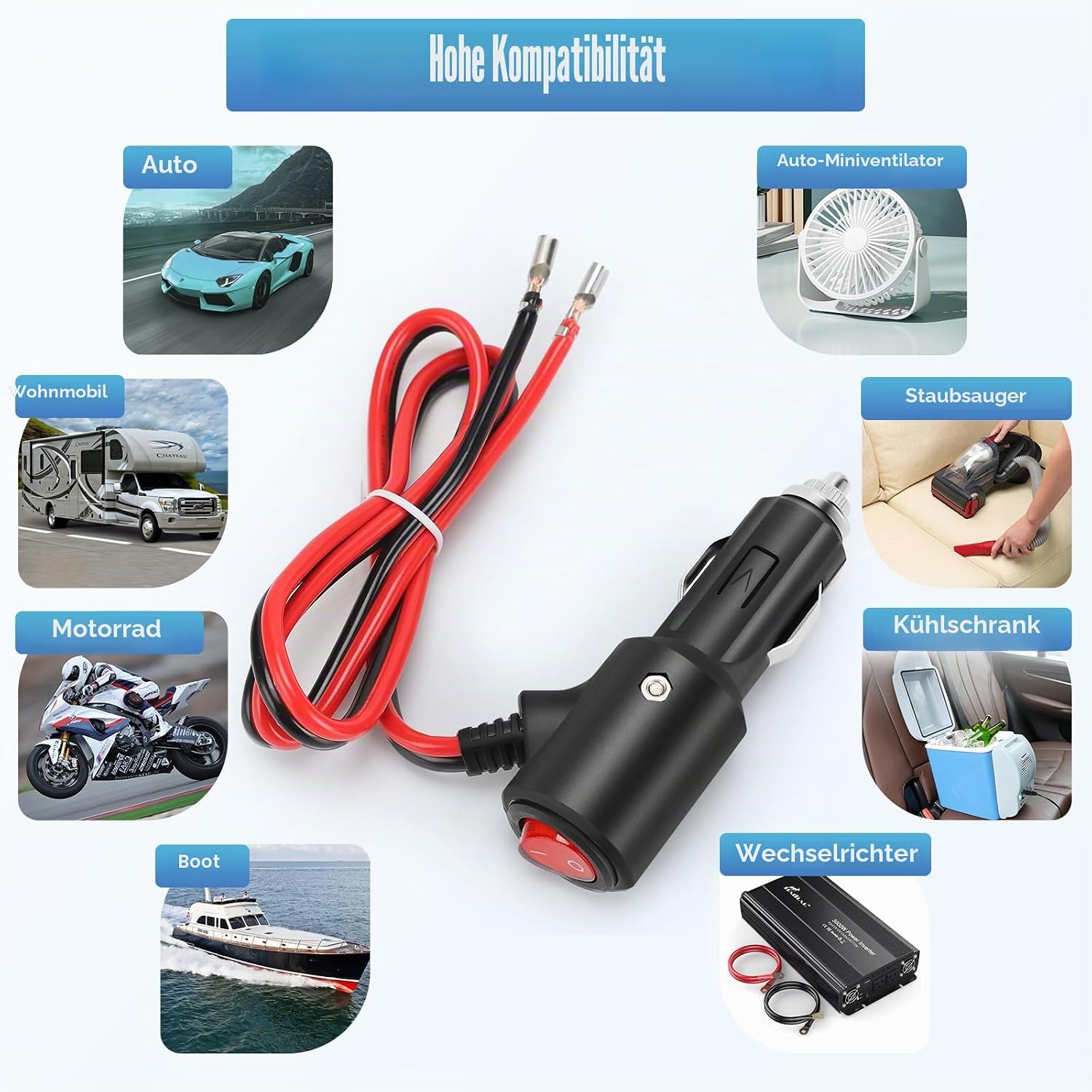 Thumbnail 3 de Thlevel Zigarettenanzünder Verlängerungskabel 55 cm 14AWG mit Schalter & 15A Sicherung – 2er-Set