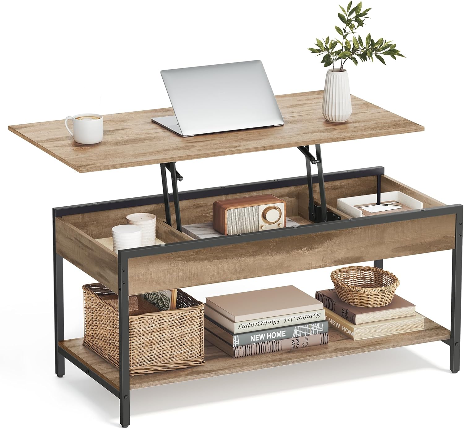 VASAGLE höhenverstellbarer Couchtisch LCT261LB02 im Industriestil mit Ablagefächern (50 x 100 cm)