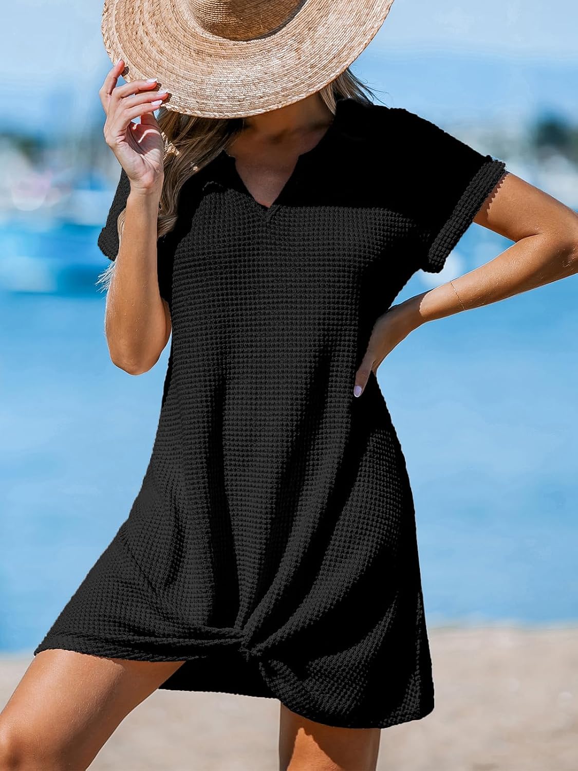 Detalle 2 de CUPSHE Copricostume da bagno in maglia a nido d’ape con orlo twist – maniche corte, estivo e versatile
