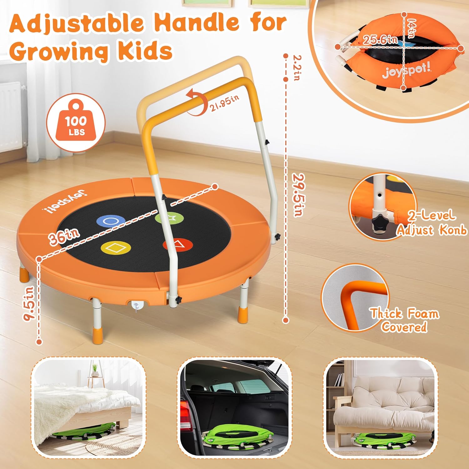 Thumbnail 2 de 3FT Toddler Trampoline with Adjustable Handlebar (36" Foldable & Spring-Free) — Noiseless Mini Jump Mat for Ages 1–6