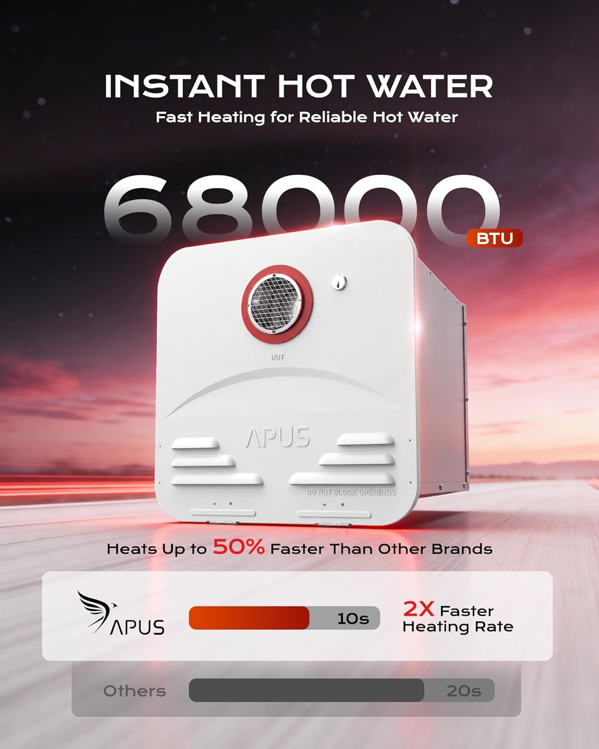 Thumbnail 1 de APUS RV Tankless Water Heater (68,000 BTU Propane) with Remote, 3.9 GPM, White Door — CSA Certified