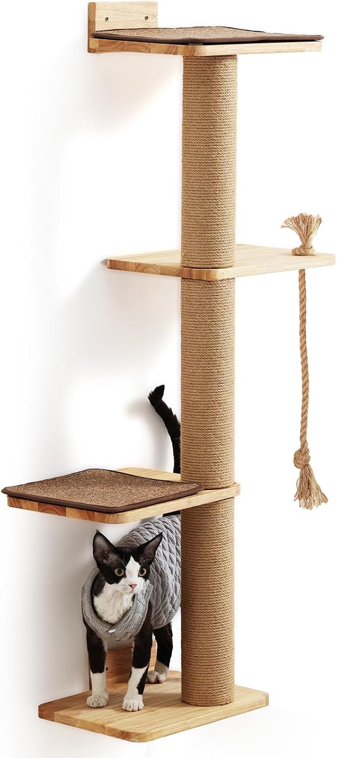 Detalle de FUKUMARU Kratzbaum für Katzen, Wandmontage – 127,7 cm, inkl. Katzenbett, Kratzpfosten und Jutematte aus massivem Gummibaumholz